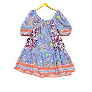 Umgee Dress‎ Size Large Mixed Floral Print Square Neck Crochet Trim Boho Flowy